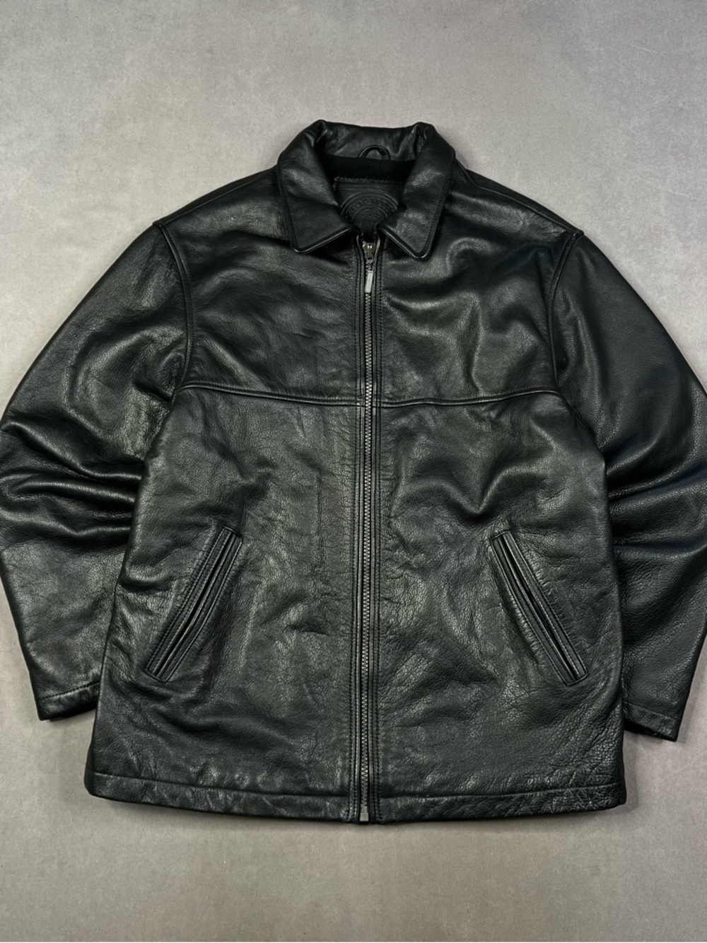 Vintage Black Leather Bomber Jacket - Zip Front